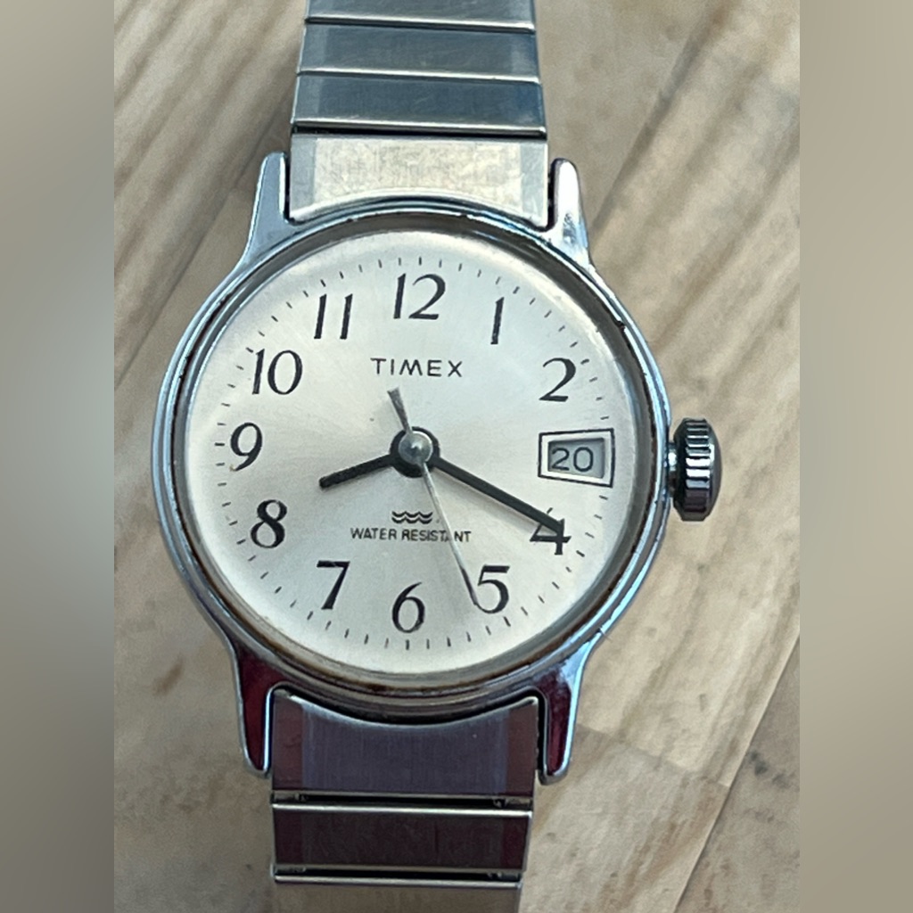 Timex Ladies Watch Vintage Automatic Stainless Stretch Bracelet Silver Dial Date